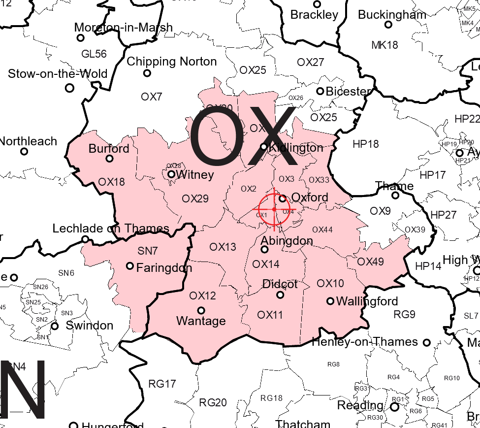 Map of Oxfordshire showing postcodes we cover